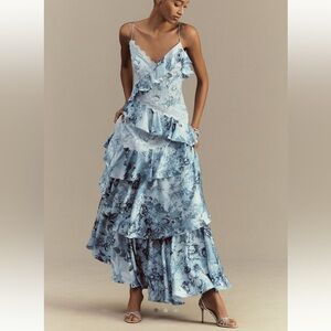 BHLDN Elora Sleeveless V-Neck Ruffle Lace Maxi Dress